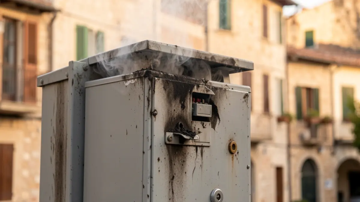 Imatge genèrica d'un armari de transformadors afectat per un incendi.