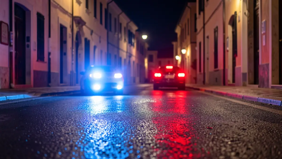 Imagen genérica de luces de emergencia reflejándose en asfalto mojado por la noche.
