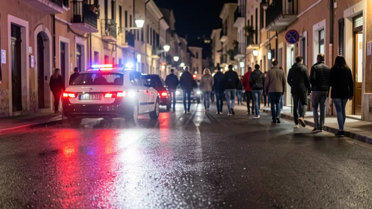 Imagen genérica de luces de emergencia reflejándose en asfalto mojado por la noche.