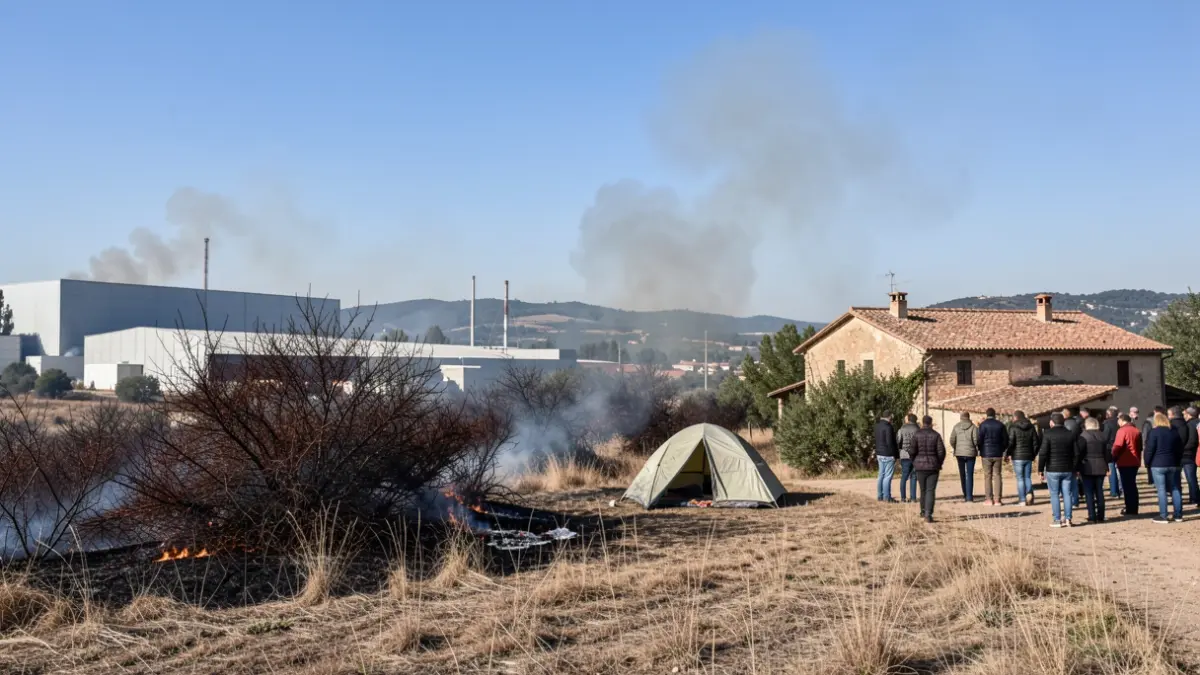 Controlled forest fire near a farmhouse and an industrial polygon in Catalunya.