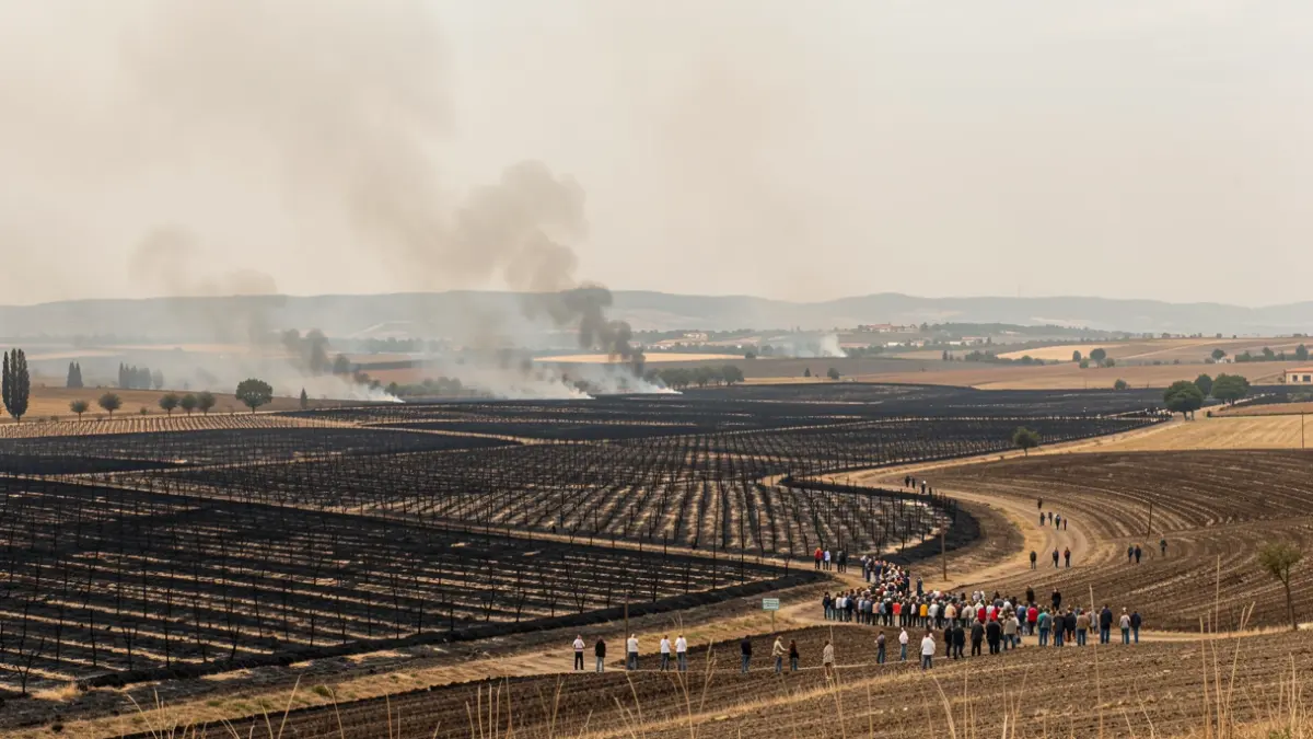 Paisatge agrícola de la Segarra cremat per un incendi.