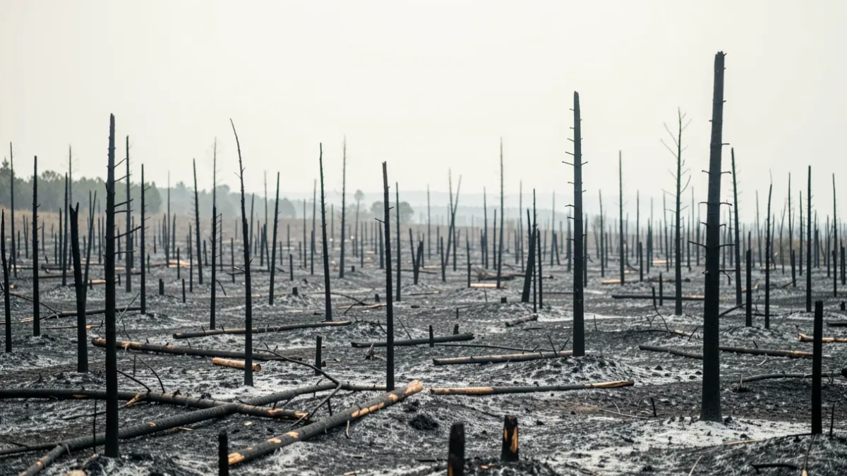 Desolate grey landscape of ash and burnt tree stumps after a forest fire in Catalunya.