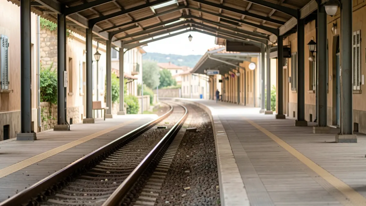 Empty train station platform with tracks disappearing into the distance.
