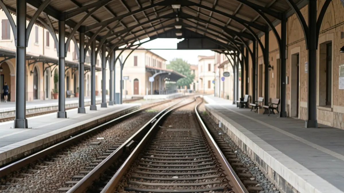 Imagen genérica de un andén de tren vacío con las vías perdiéndose en la distancia.