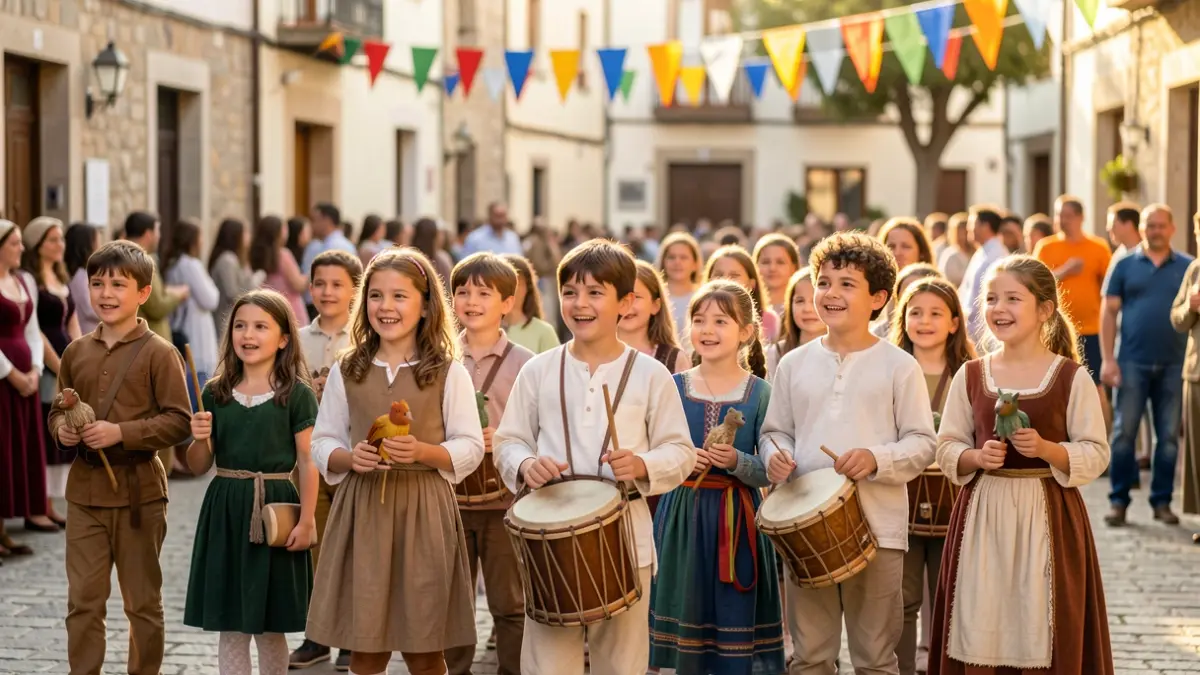 Children participating in a traditional Catalan children's festival with giants and drums.