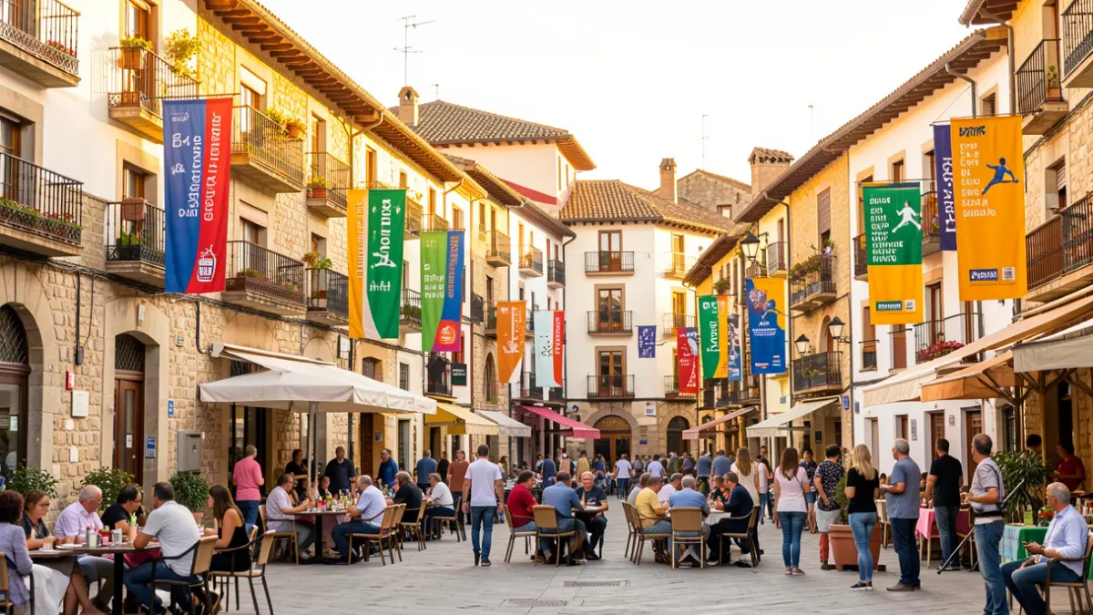 Imatge genèrica d'una plaça de poble català amb decoració esportiva.