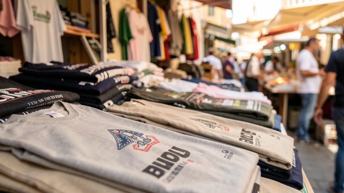 Imagen genérica de prendas de ropa y bolsos falsificados en un mercado.