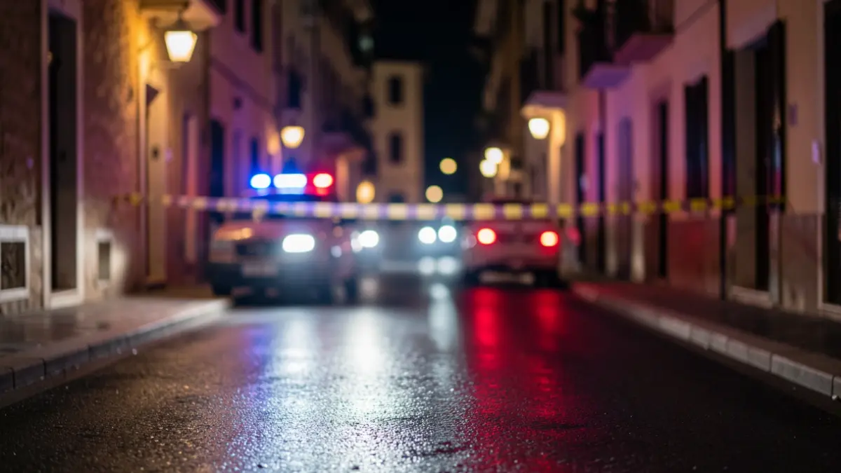 Generic image of emergency lights reflecting on wet asphalt at night.