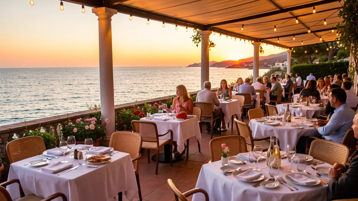 Imatge genèrica d'una terrassa de restaurant mediterrani amb vistes al mar al capvespre.