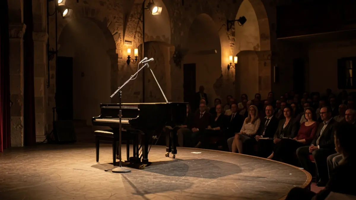 Escena de un teatro íntimo con micrófono y piano, iluminado por focos cálidos.