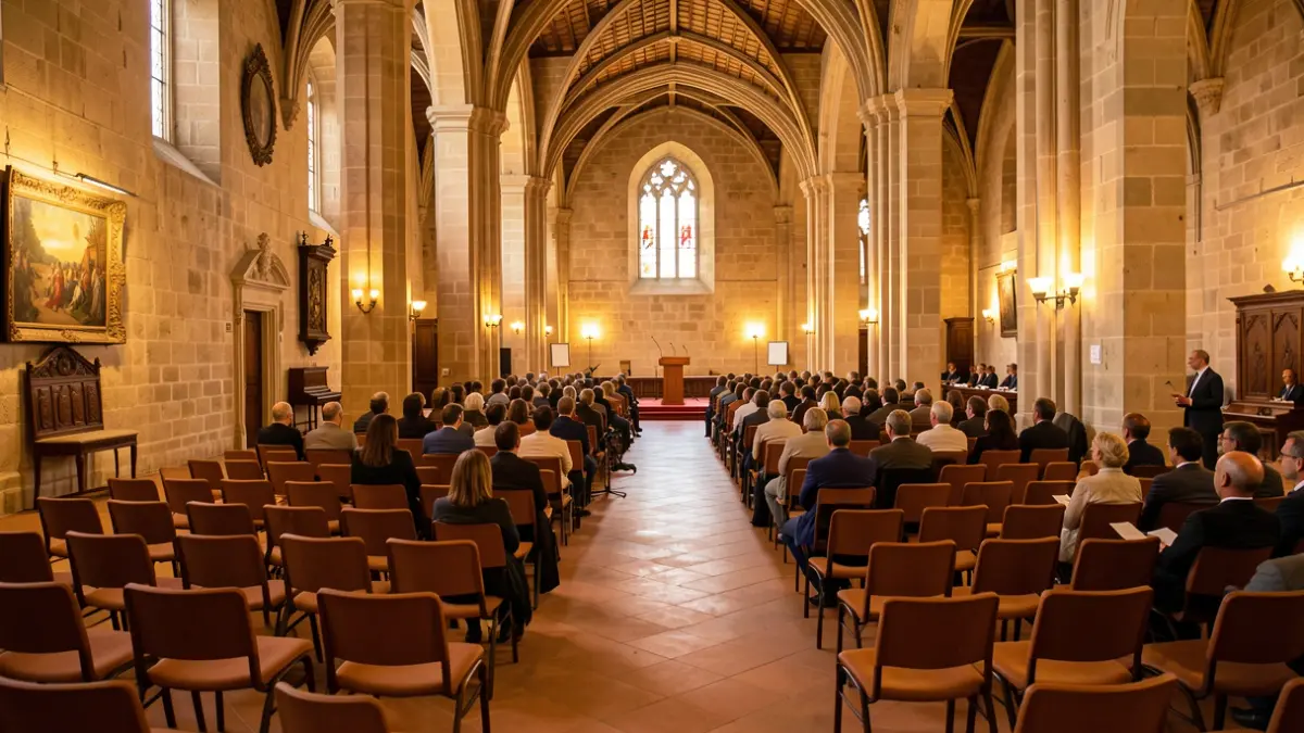 Sala de actos de un seminario en Cataluña con sillas y un atril.