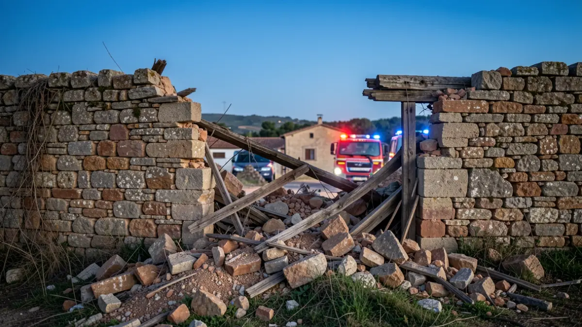 Imatge genèrica d'un mur esfondrat en un entorn rural català amb llums d'emergència.