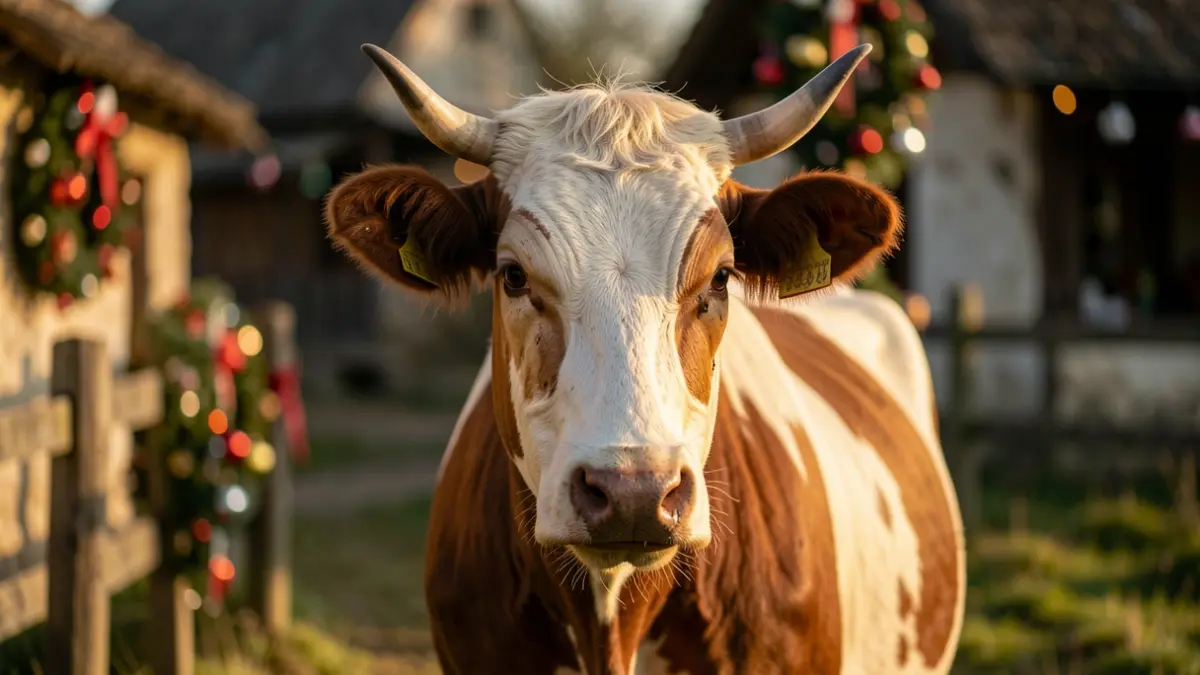 Imagen genérica de una vaca en un entorno rural con decoraciones festivas difuminadas.
