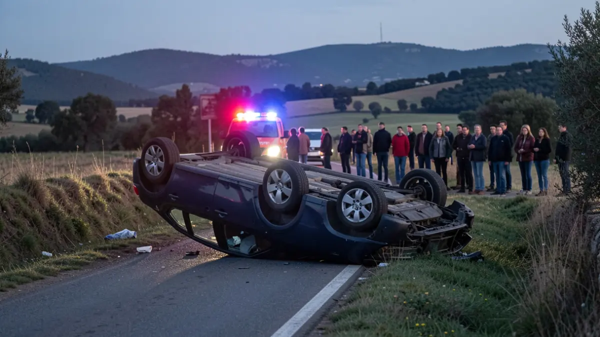 Imatge d'un cotxe bolcat a la carretera B-224 a Piera amb llums d'emergència.