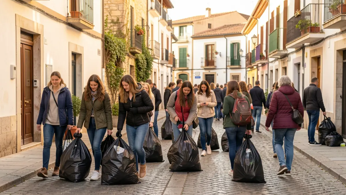 Young people and residents collecting trash in a community project in Girona Est.