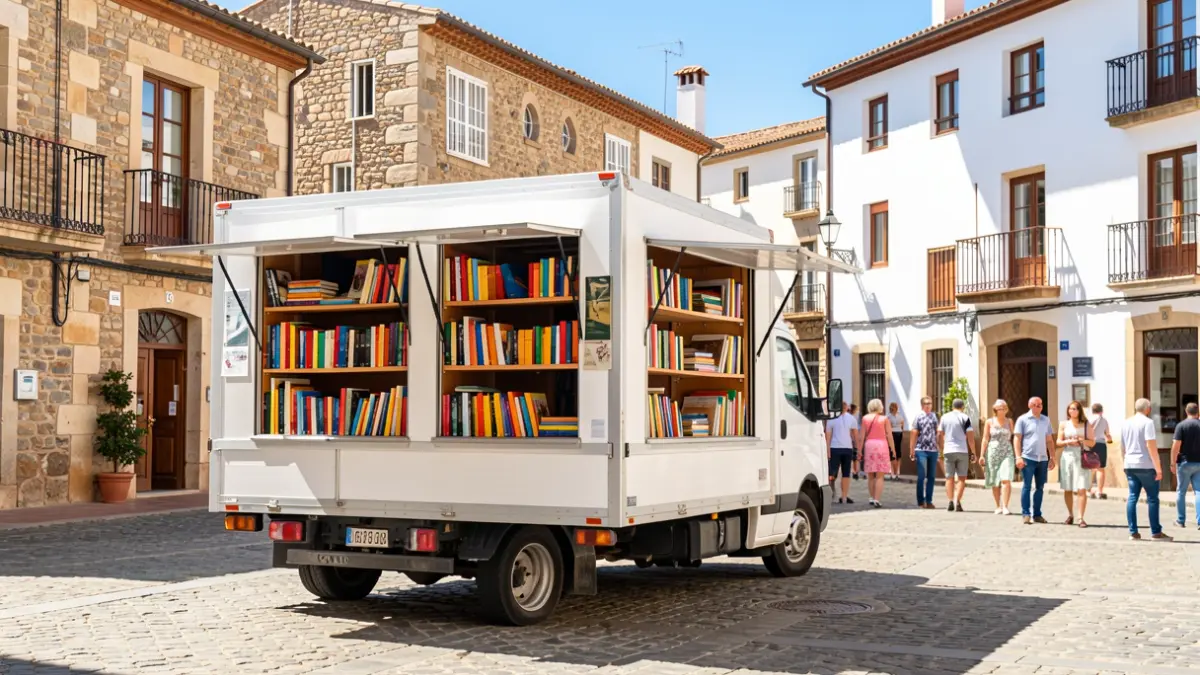 Book truck parked in a Catalan town square.