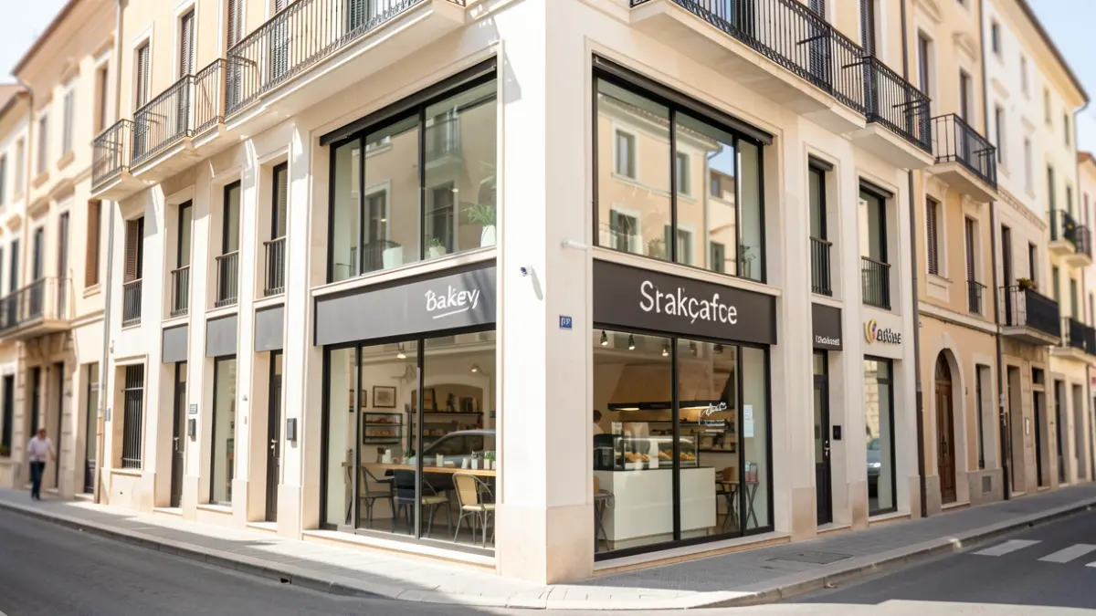 Generic image of a commercial establishment on the corner of a new building in Terrassa.