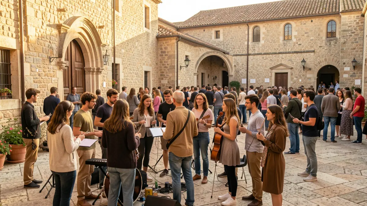Young people participating in a music and cultural logistics workshop in a historic monastery.