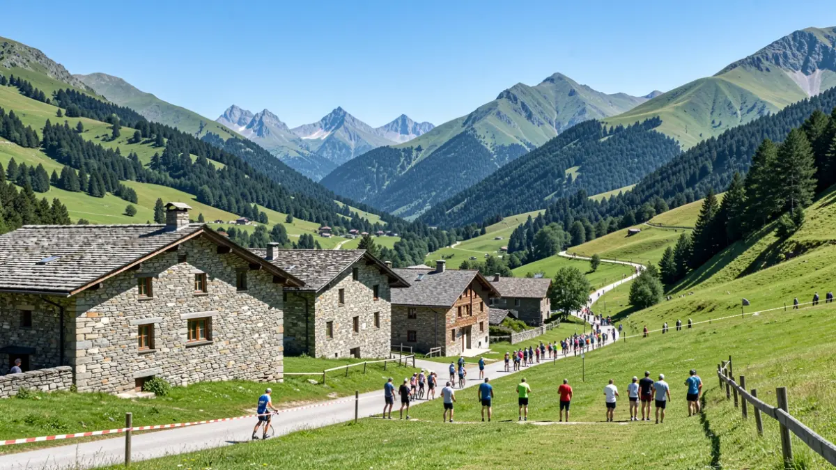 Paisatge de la Val d'Aran amb cases tradicionals i muntanyes, suggerint una cursa esportiva.