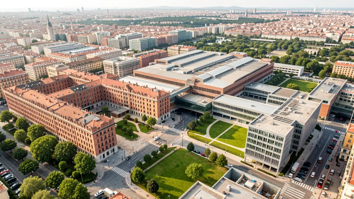 Aerial view of the La Escocesa complex in Barcelona, showing urban and economic transformation.