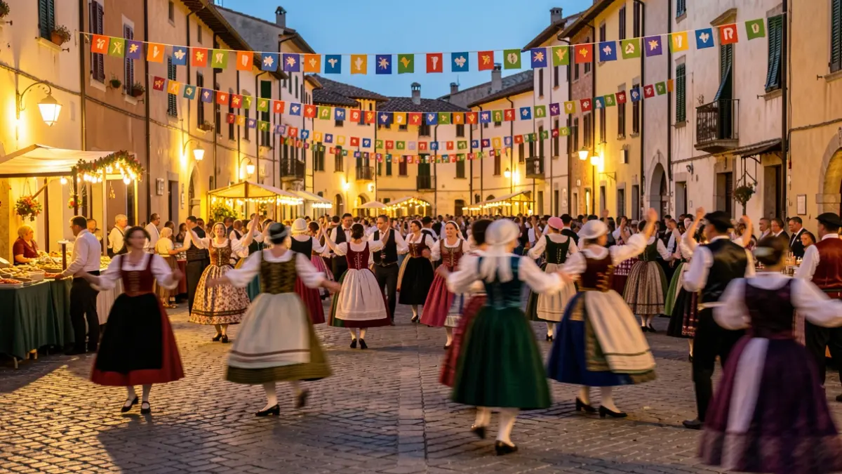 Imagen genérica de una fiesta popular con bailes tradicionales en la plaza de un pueblo mediterráneo.