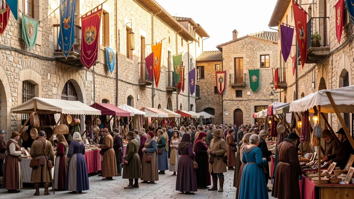 Generic image of a medieval fair with people and stalls.