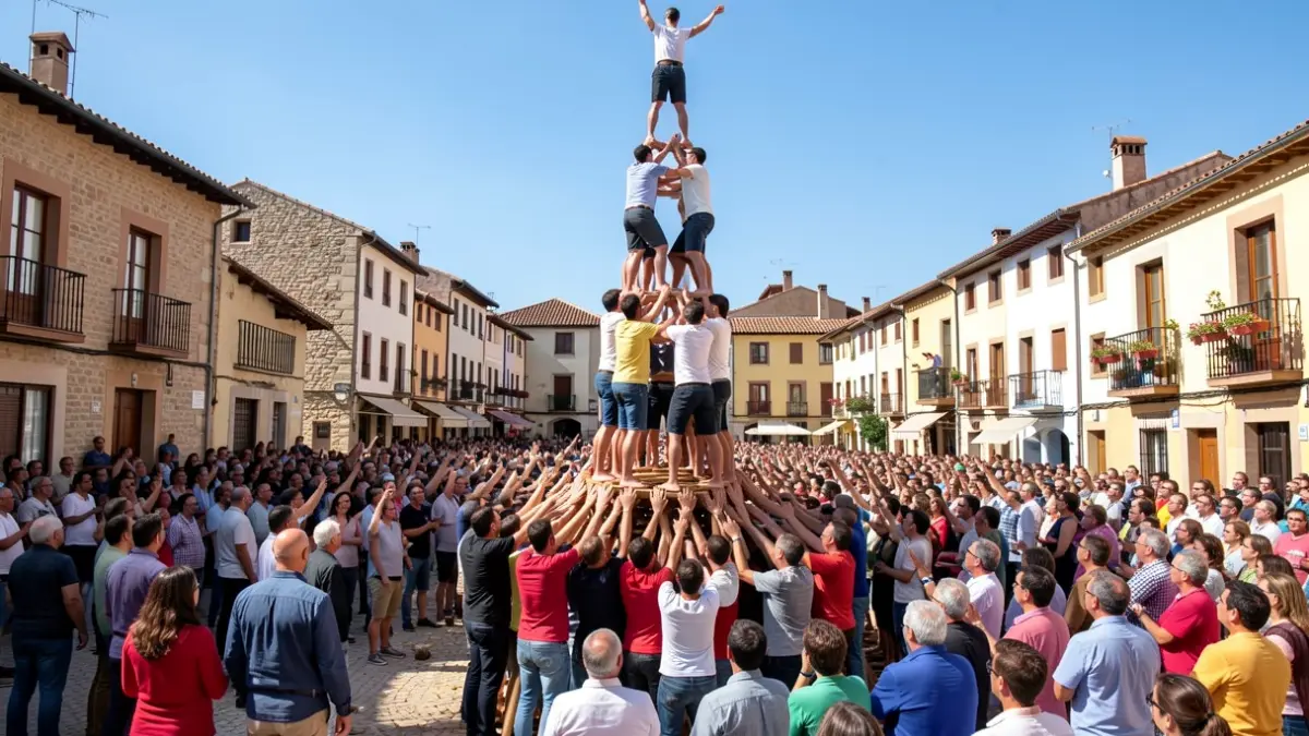Imatge d'una diada castellera a la plaça del Blat de Valls, amb castells de gamma extra.