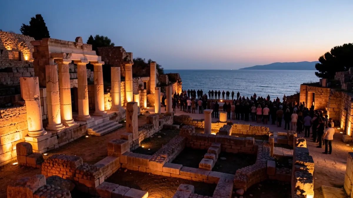 El Foro romano de Empúries iluminado al atardecer durante un concierto.