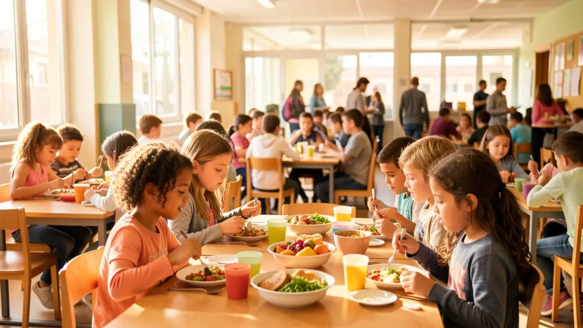 Generic image of a school cafeteria in Catalunya with children eating.
