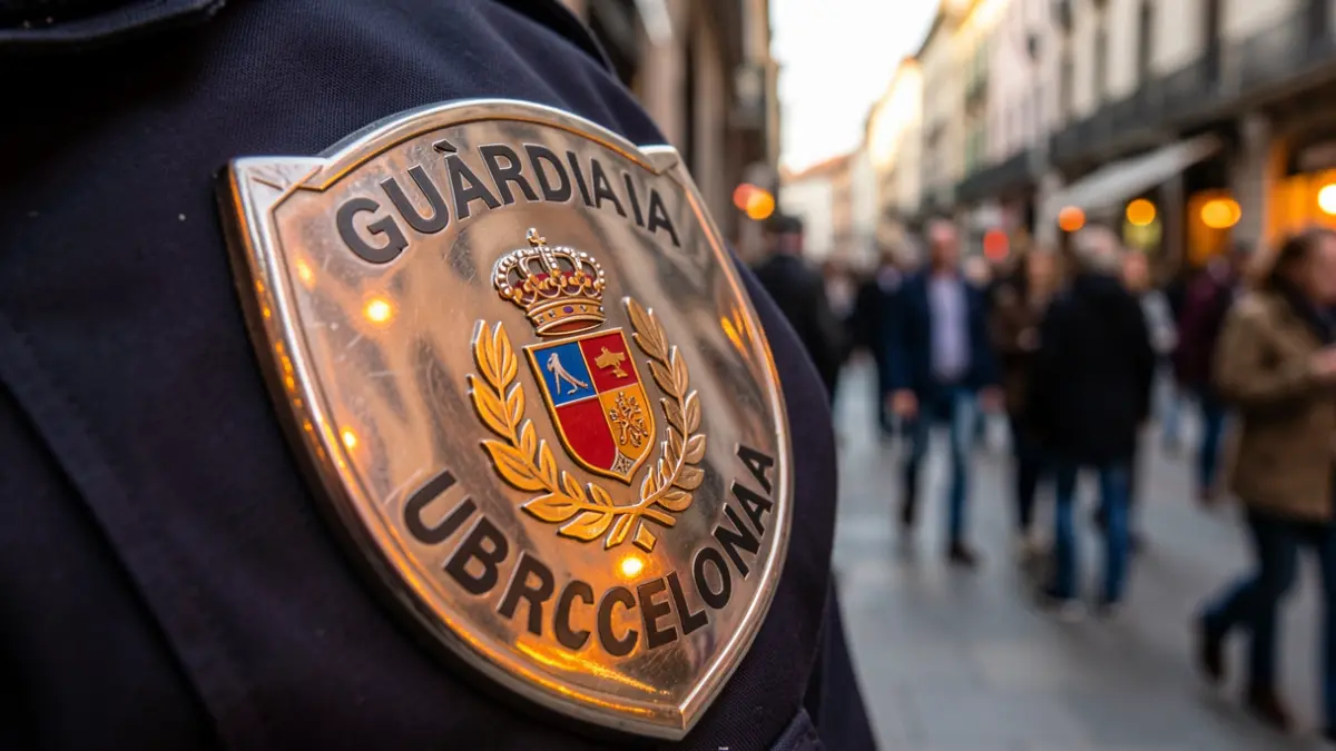 Placa de la Guardia Urbana de Barcelona con luces de ciudad reflejadas.