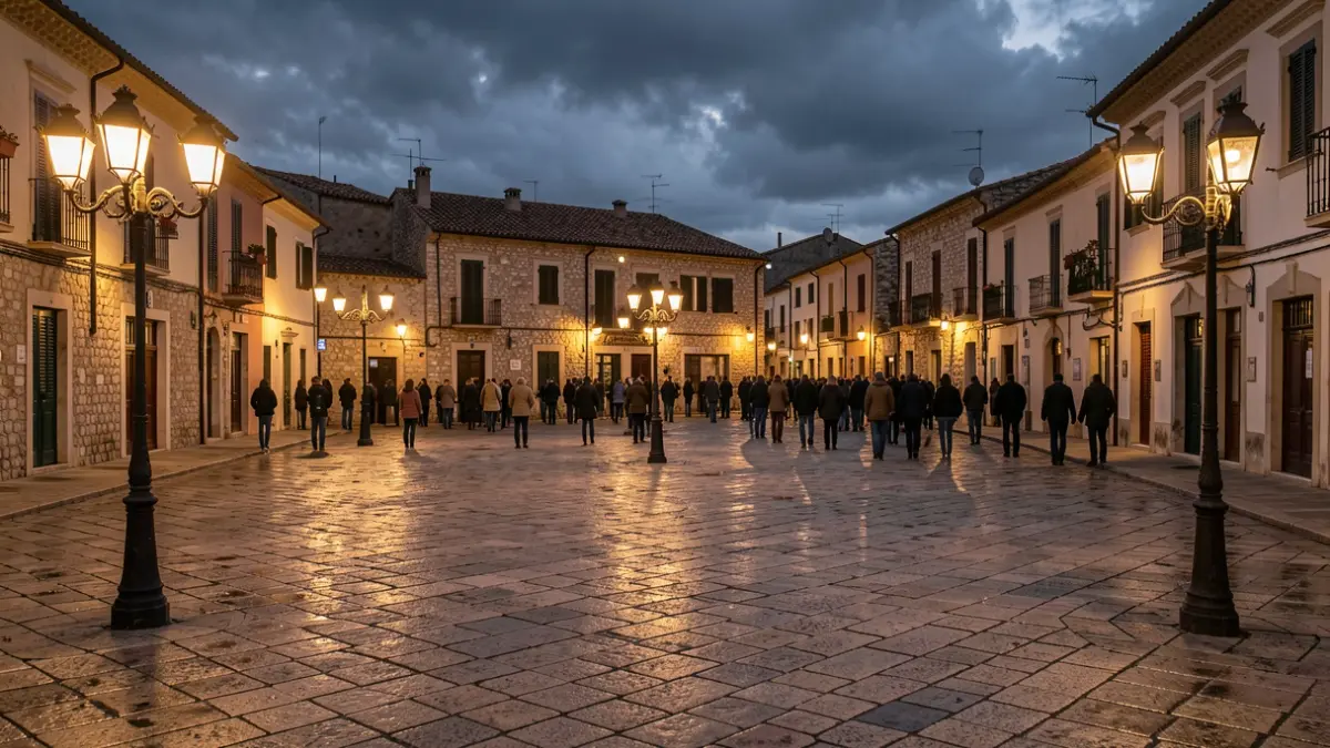 Plaça d'un poble amb el terra mullat i núvols de tempesta al cel.