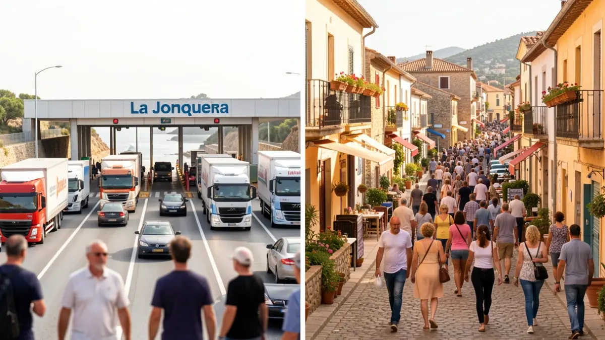 Split image: border crossing with trucks and a crowded Mediterranean village street.