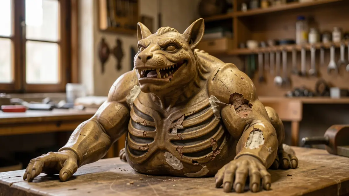 The Morgana figure from Diables de Sant Pere Nord undergoing repair.