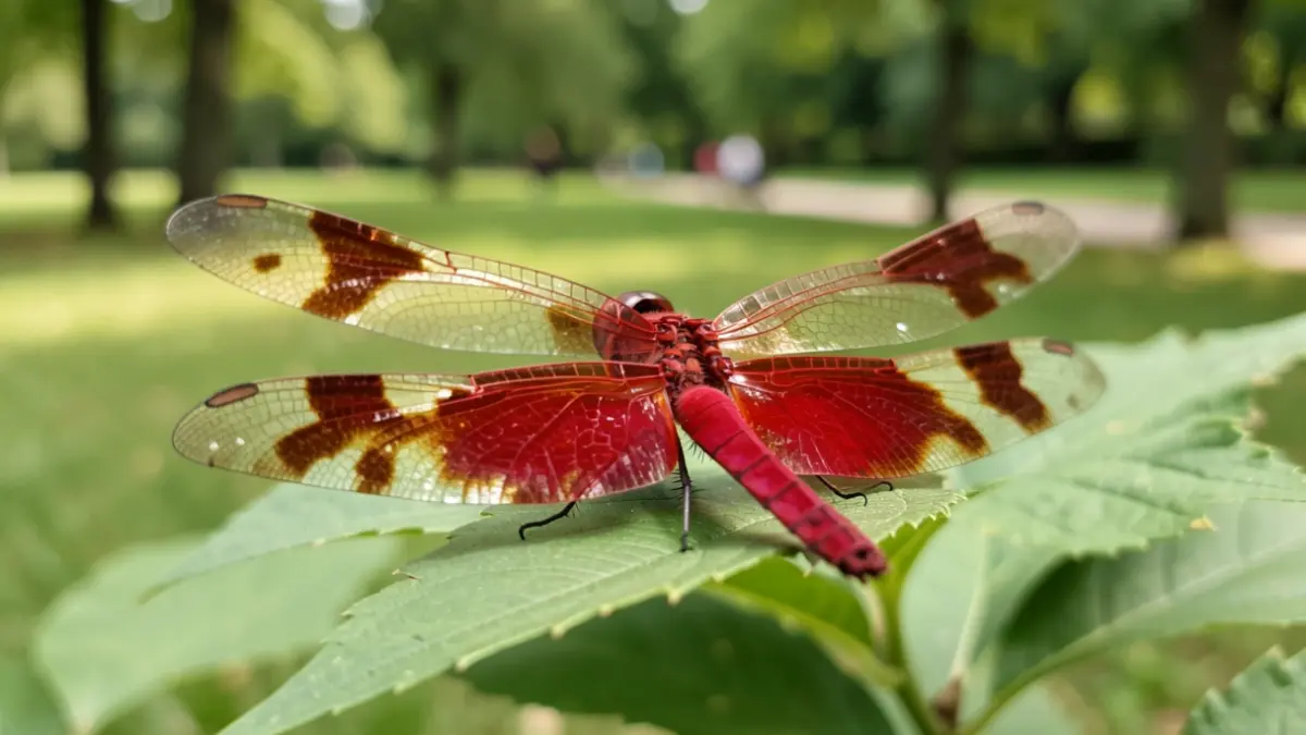 An intensely red Pipa aureolada dragonfly with golden spots on its wings.