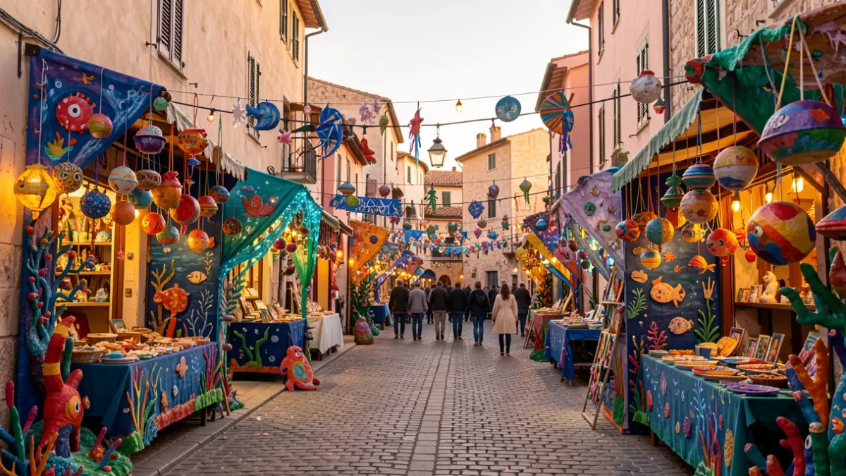 Imatge genèrica d'un carrer decorat per a una festa popular amb temàtiques diverses.