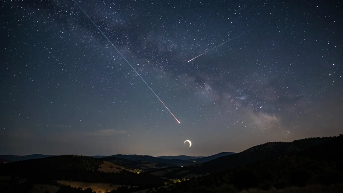 Meteor shower over a Catalan night landscape with a solar eclipse in the background.