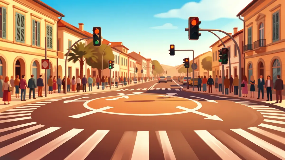 Imagen genérica de una intersección de rotonda con elementos abstractos de tráfico y seguridad.