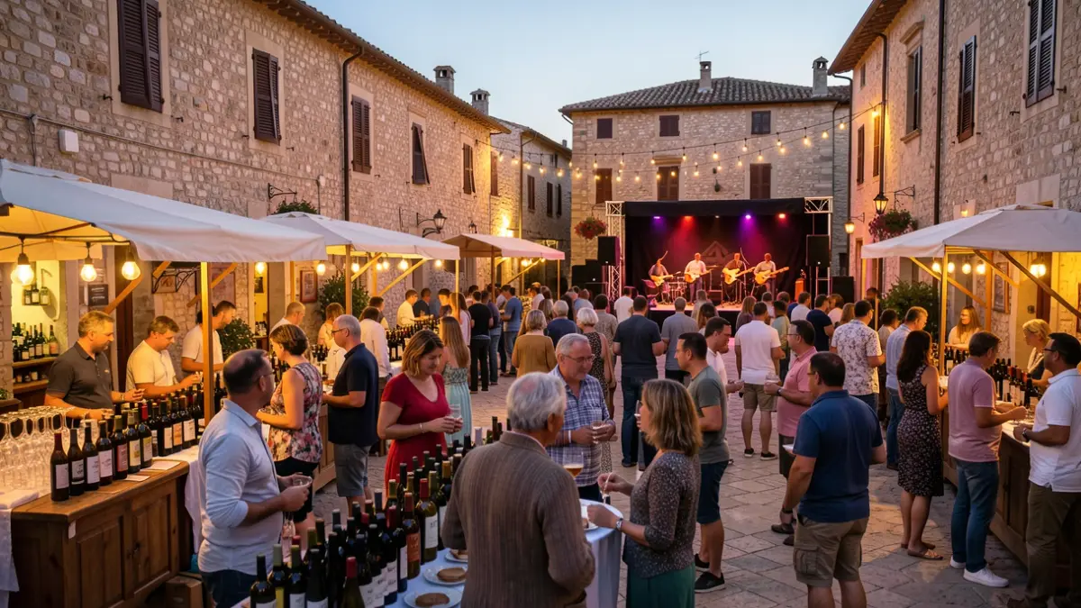 Ambiente de una cata de vinos y cervezas en la plaza Mayor de La Riba con música y comida.