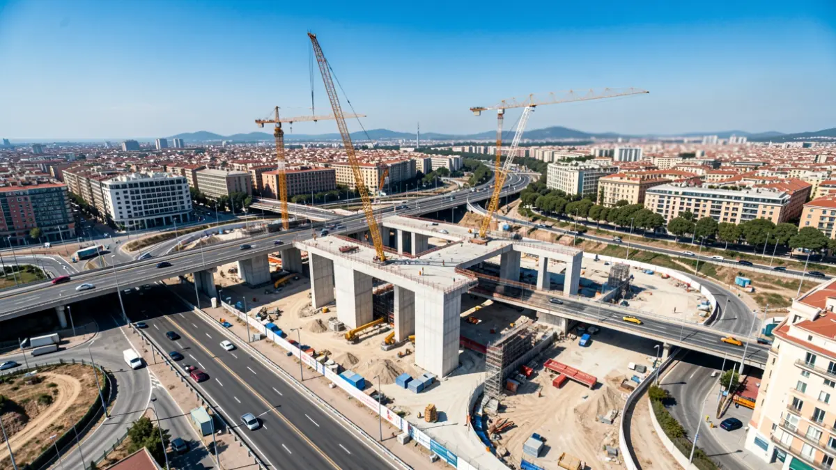 Vista aérea de obras en la Ronda de Dalt de Barcelona con grúas y estructuras de hormigón.