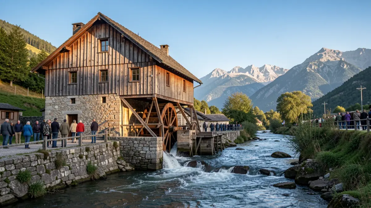 Vista exterior de un aserradero hidráulico tradicional de madera y piedra junto a un río en los Pirineos.