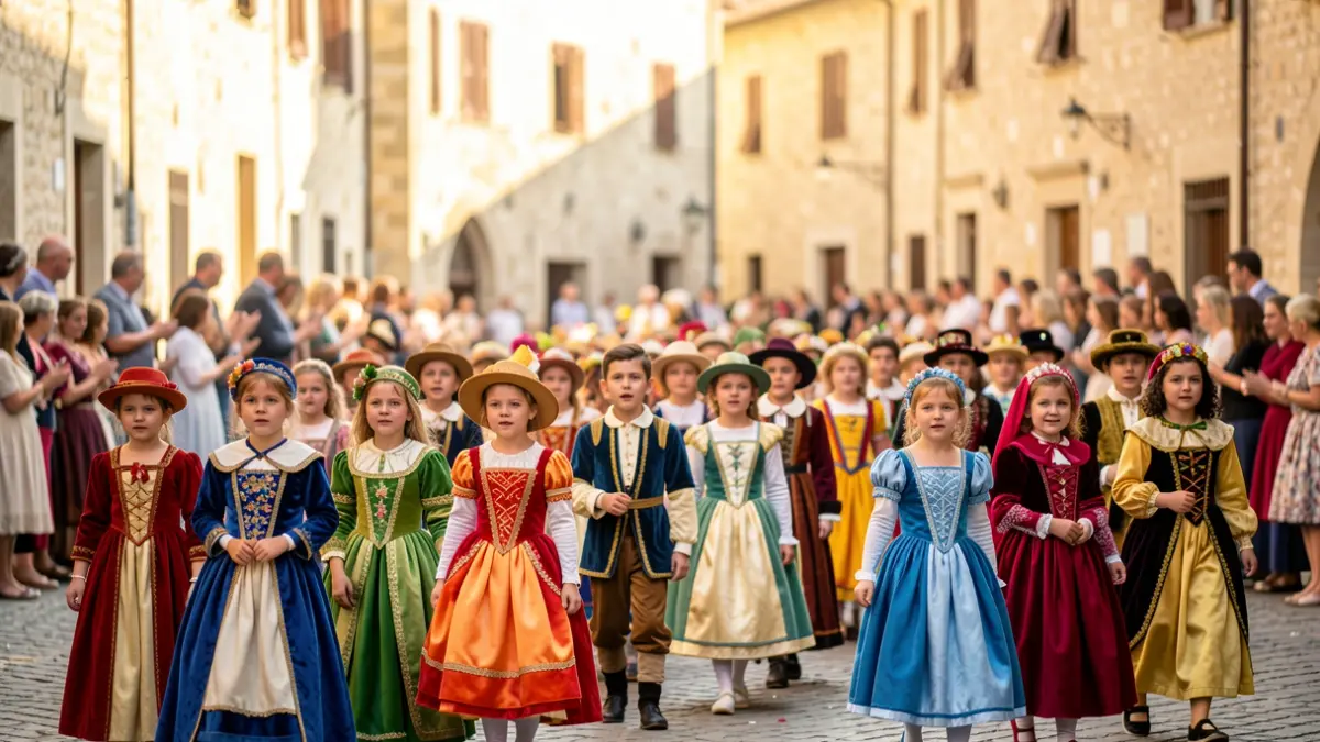 Niños y niñas disfrazados en un pasacalles festivo en La Seu d'Urgell.