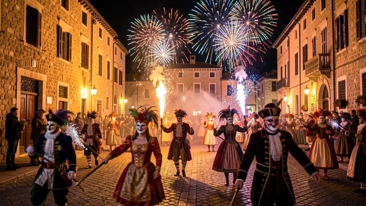 Correfoc de Fiesta Mayor en la Seu d'Urgell con temática de bailes de máscares venecianos.
