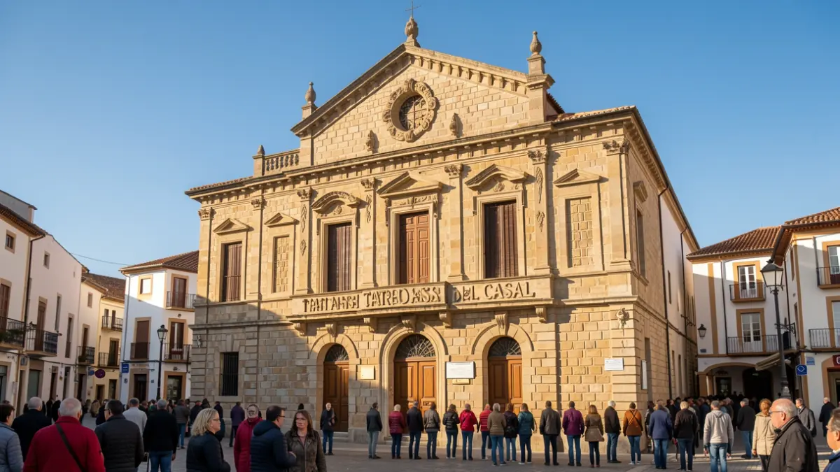 Facade of the Teatre del Casal in Cambrils, a historic building with warm light.