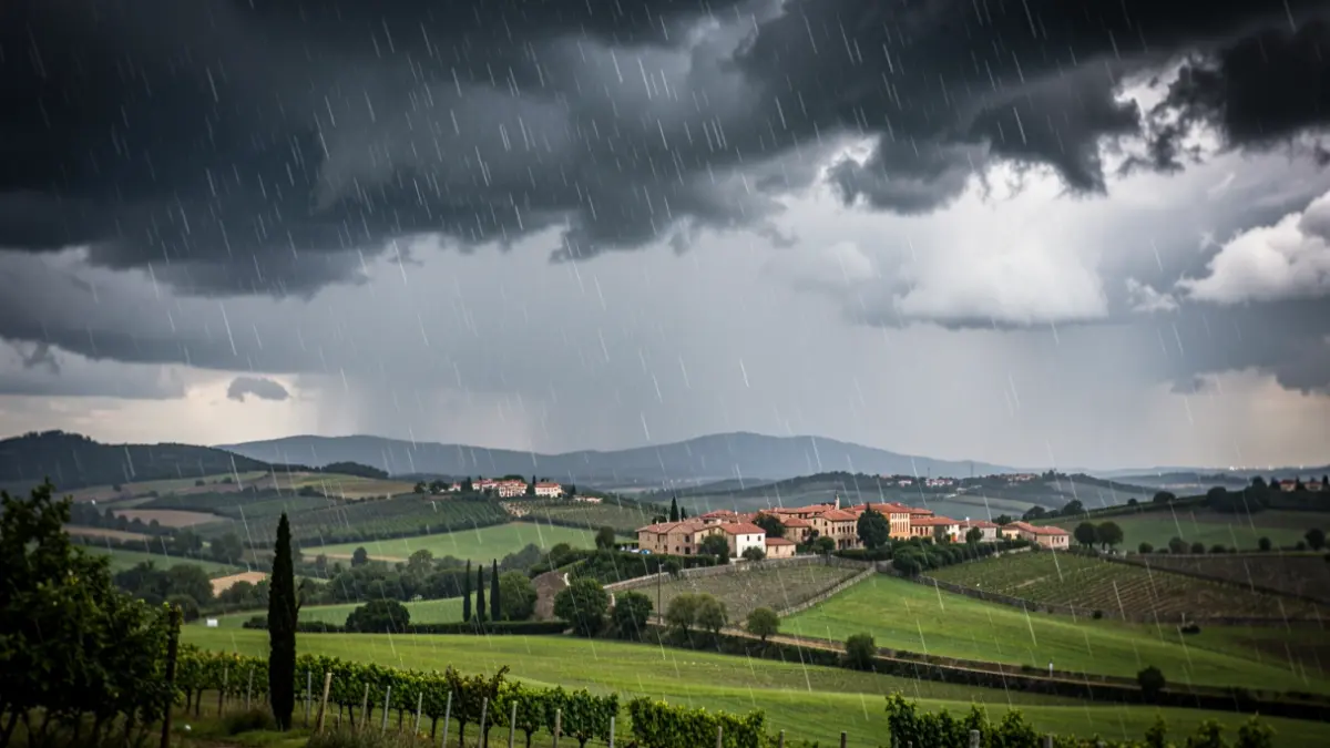 Imagen genérica de una tormenta con lluvia intensa y granizo sobre un paisaje catalán.