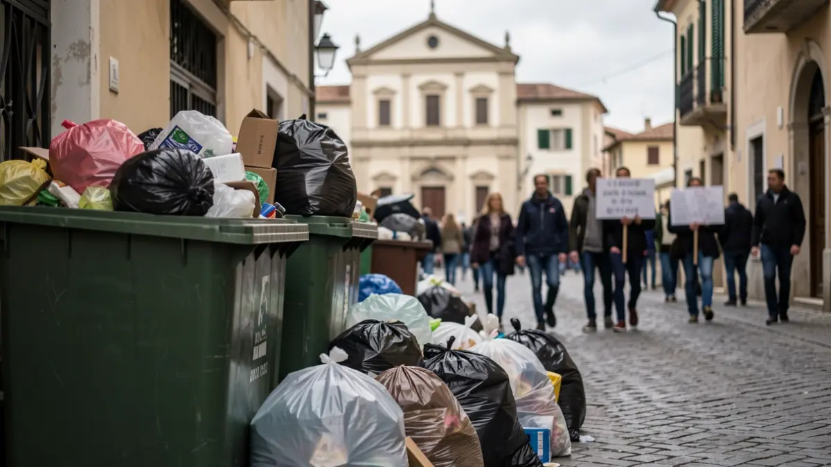 Overflowing bins and trash on a street in Pineda de Mar during a municipal strike.