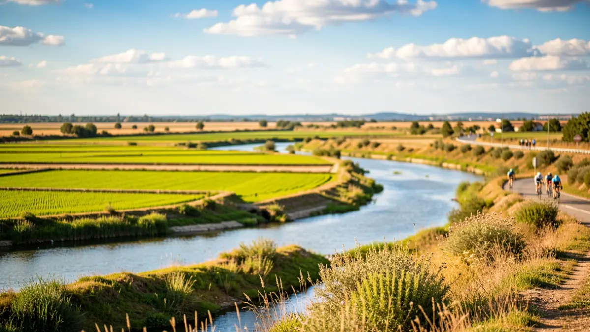 Paisatge del Delta de l'Ebre amb ciclistes a la carretera.