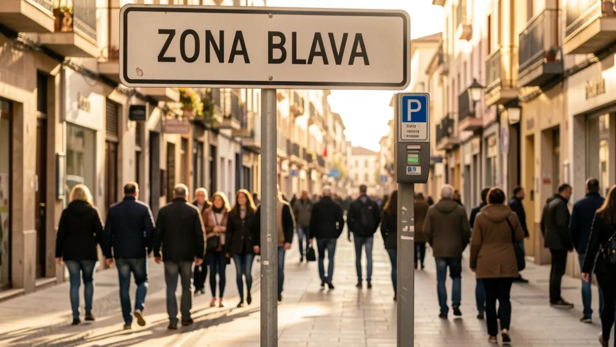 Blue zone sign in Sabadell with a parking meter.