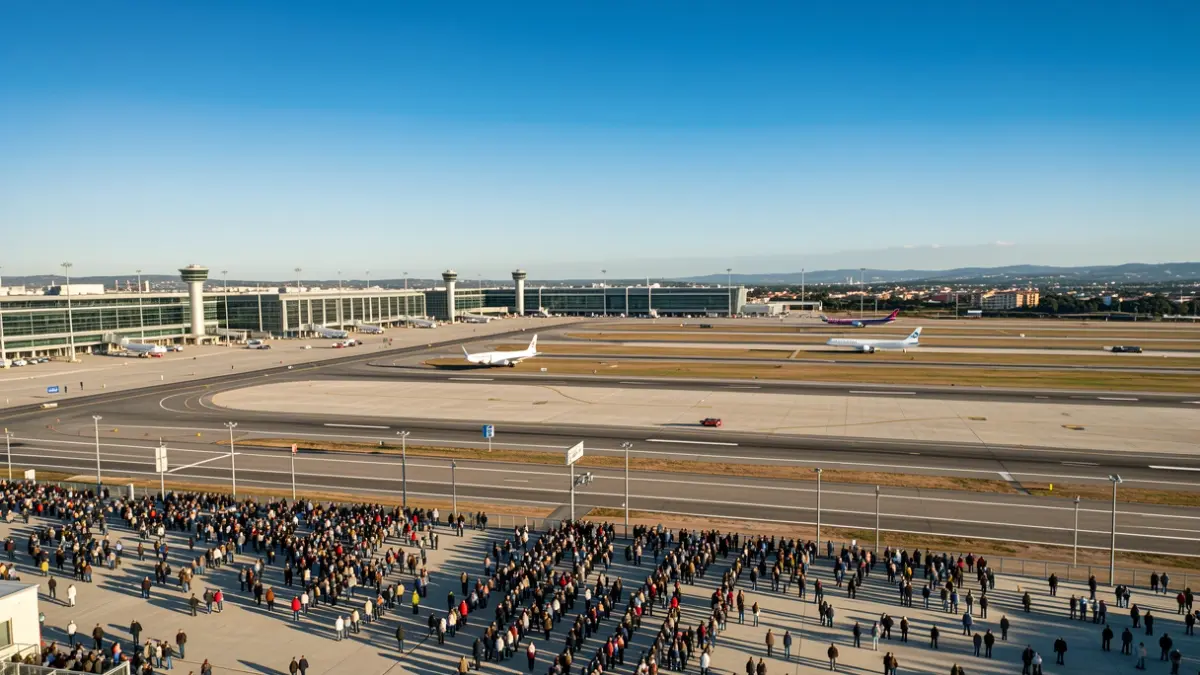 Aerial view of Barcelona-El Prat airport with runways and terminals.