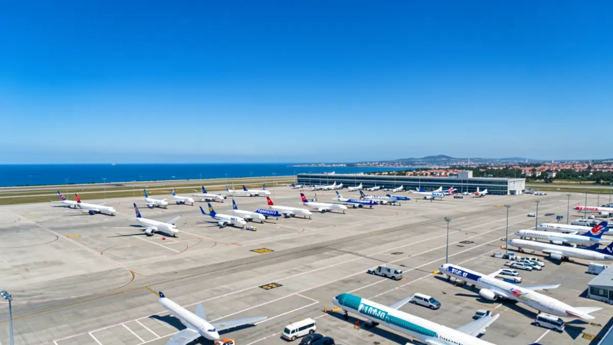 Vista aérea del aeropuerto de Girona-Costa Brava con aviones estacionados.