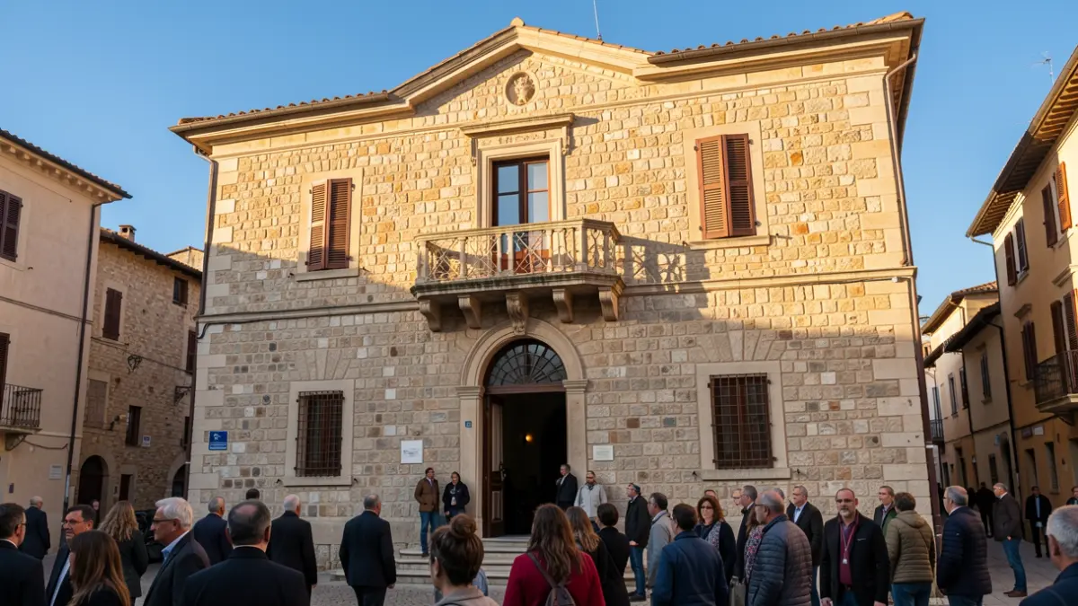 Generic image of a Mediterranean town hall facade with a balcony.